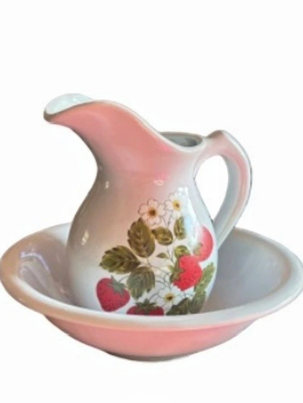 Vintage McCoy strawberry  Floral Pitcher and Basi